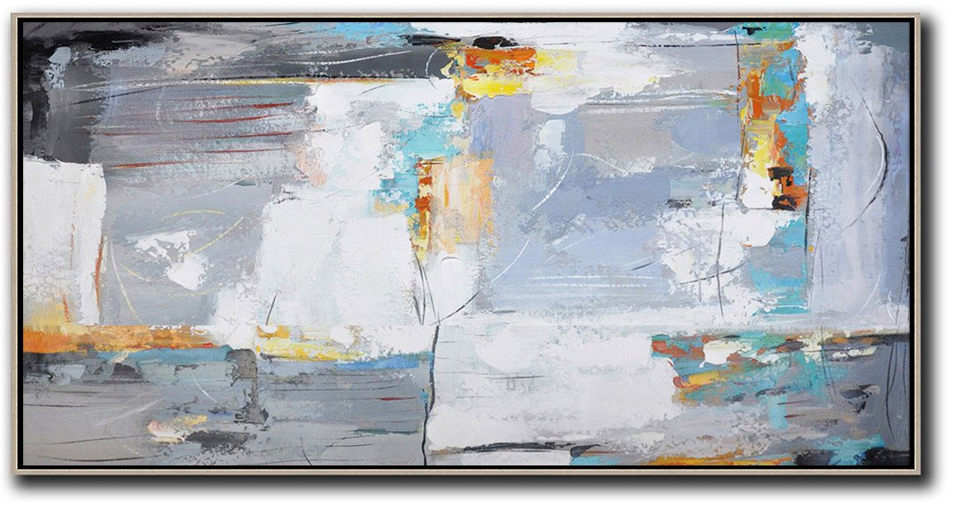 Large Contemporary Painting,Horizontal Palette Knife Contemporary Art,Acrylic Painting On Canvas,White,Grey,Yellow.etc